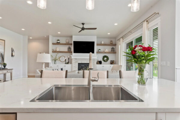 bright kitchen and living room with shelves