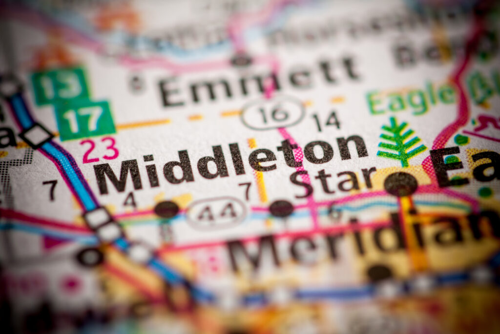 A regional map showing Middleton, Idaho and the cities surrounding it.